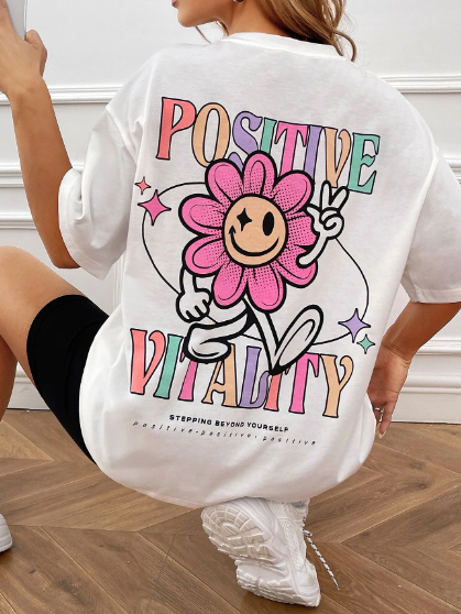 Camiseta Positive Vitality Flor Colorida Oversized Long Line