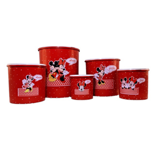 Jogo Mantimentos 5 Peças De Plástico Decorado Com Bolinhas Poá Conjunto De Potes Para Alimentos Organizadores De Cozinha Com Adesivo De Personagens Miney E Mickey Vermelho Presente de Natal