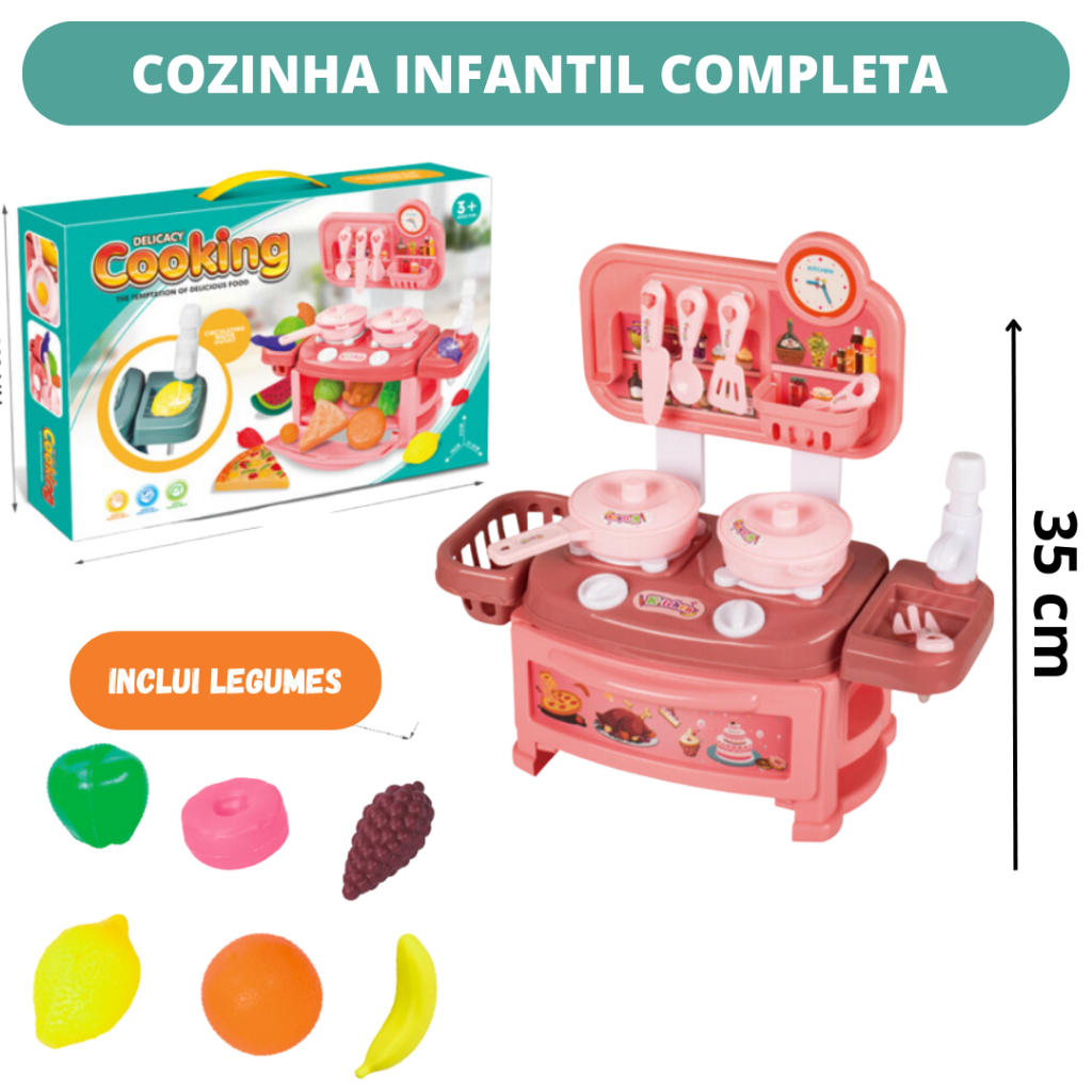 Kit Cozinha Infantil Com Fogão + Airfryer + Jogo De Jantar C/ Copos,  Pratinhos, Panelinhas De Brinquedo Fogãozinho Cooktop Comidinha