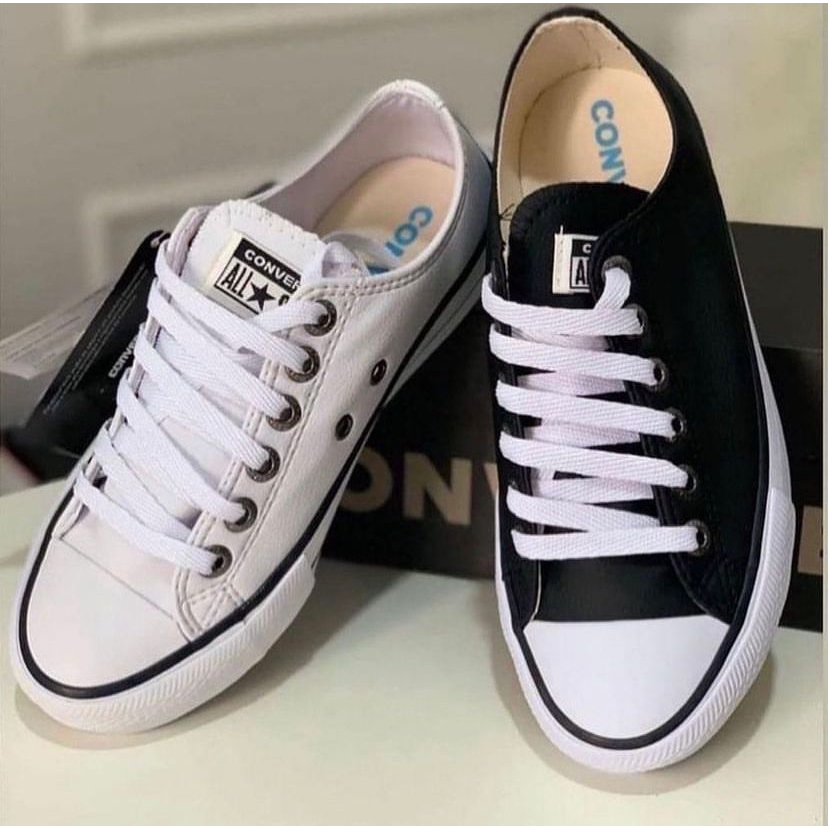 Converse All Star Baixo Preto Couro