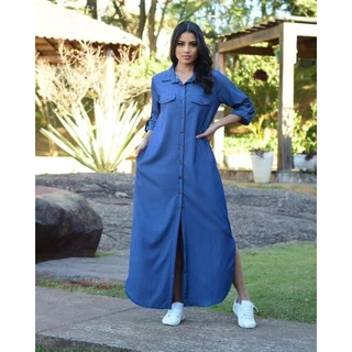 Vestido longo jeans M ao G2 plus size botões frente amamentação evangelico chamisie chemise casual e