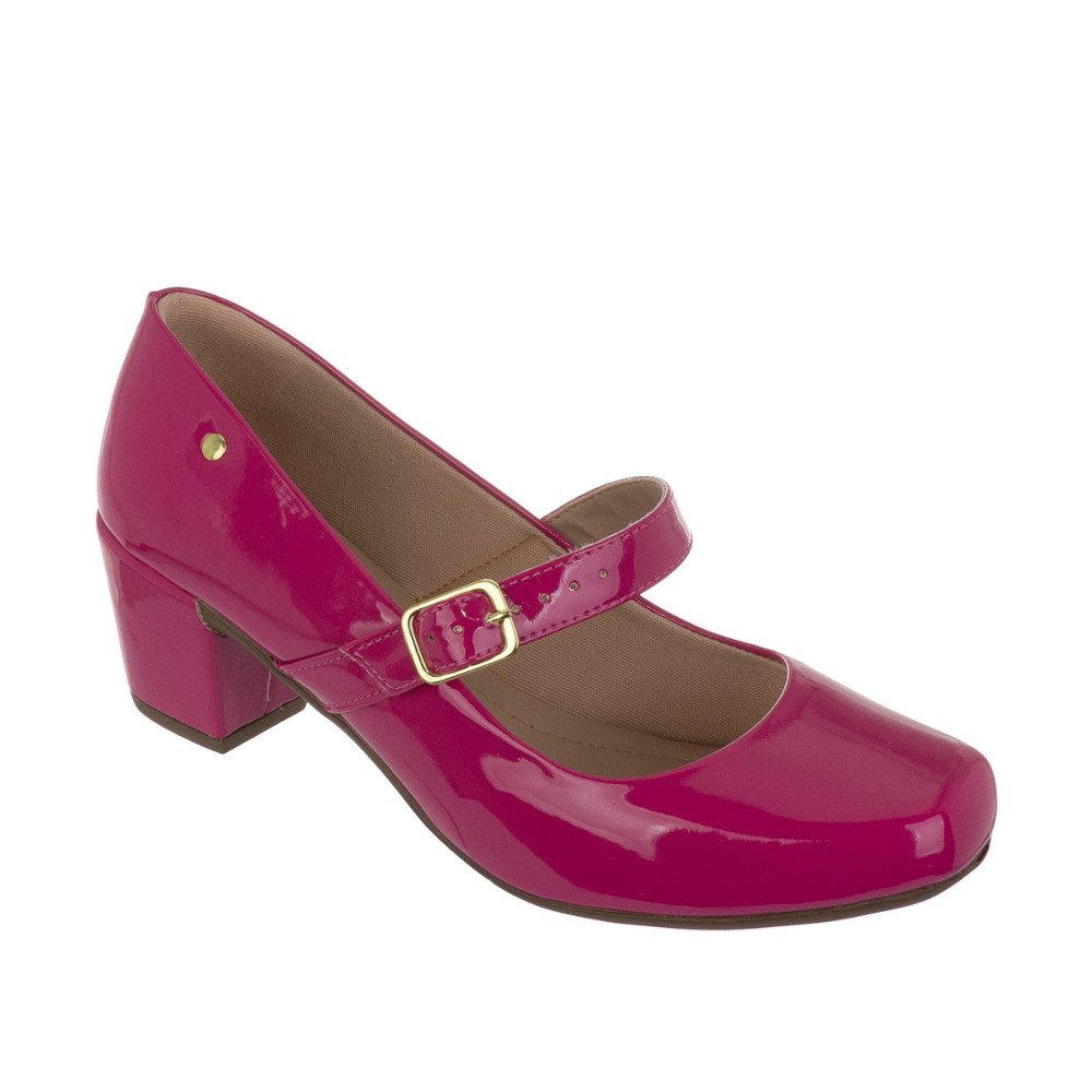 Sapato Social Boneca Verniz Feminino Feminina Salto Médio Baixo Bloco Bico  Fino Confortável