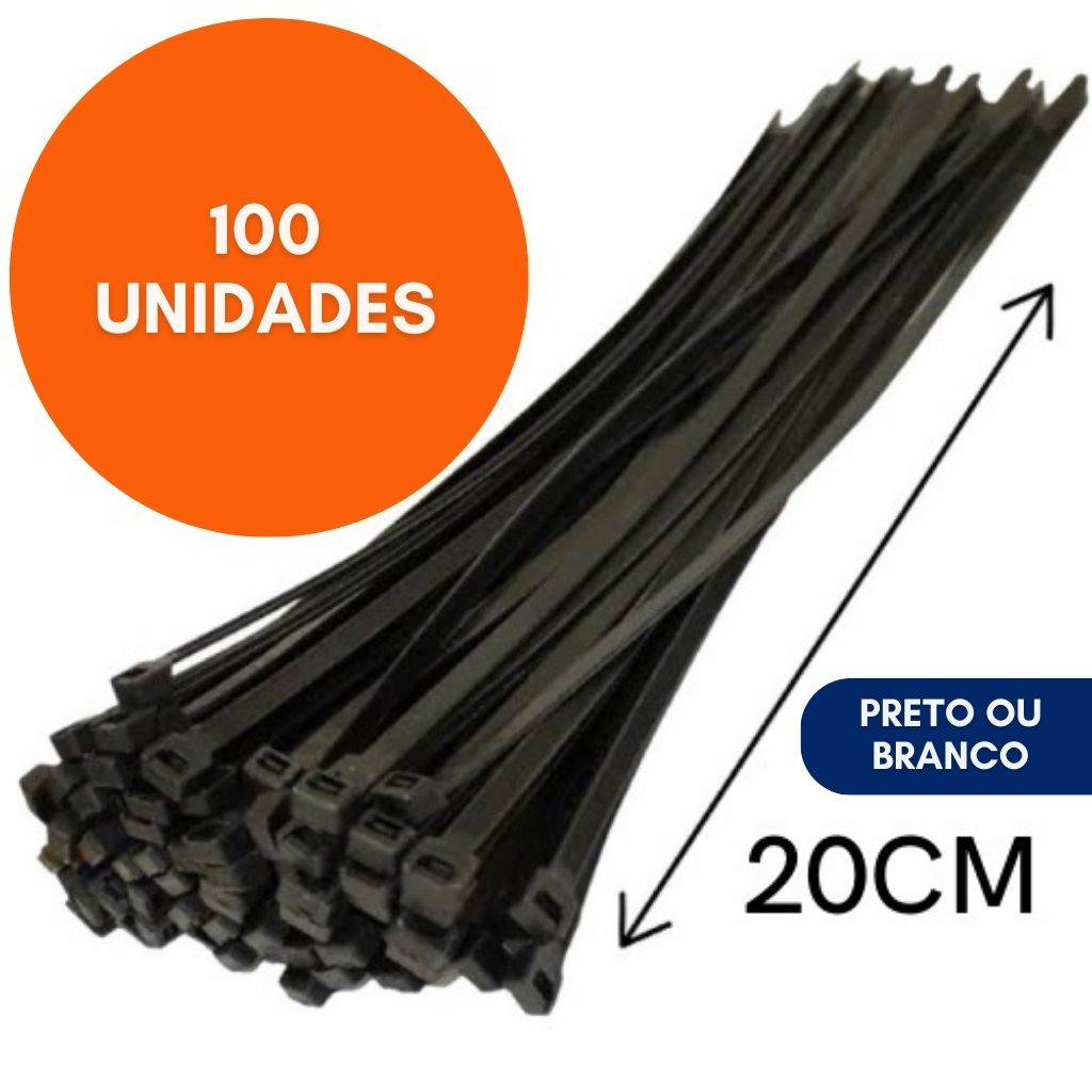 Abraçadeira Enforca Gato de Nylon 4,8mm x 200mm Pacote 100 Unidades Cintas Plásticas 20cm Preto Branco Fita Hellermann Forte Tireup Grosso