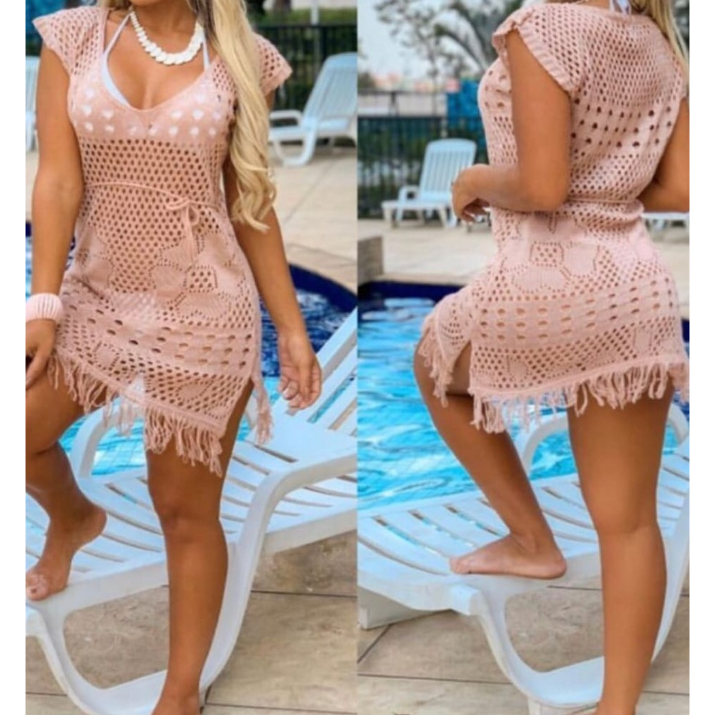 Saída de Praia Moda Trico Vestido Curta Franja Verão
