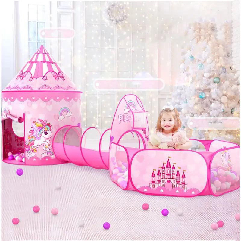 Barraca Rosa Infantil 3 em 1 c/ túnel Unicórnio castelo da princesa