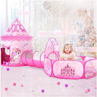 Barraca Rosa Infantil 3 em 1 c/ túnel Unicórnio castelo da princesa