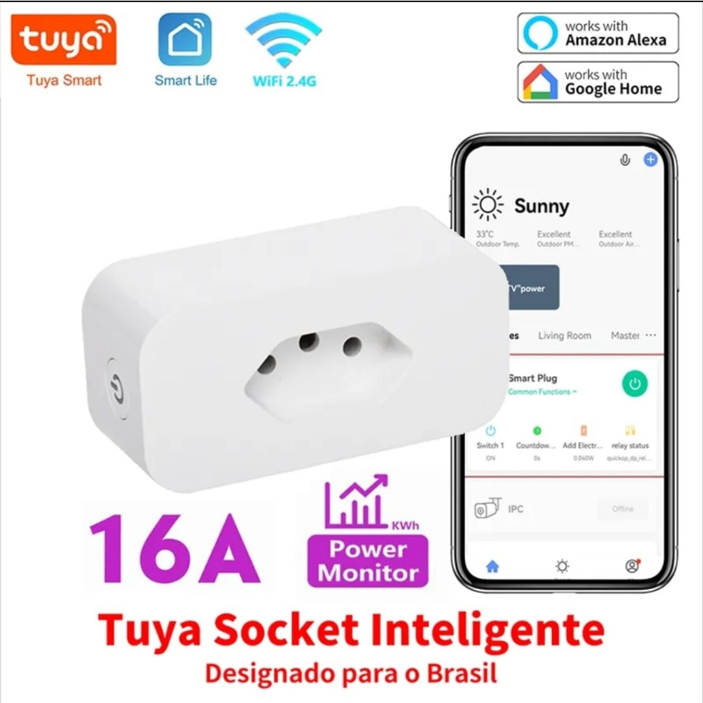 Tomada Inteligente WIFI 16A para Alexa e Google Home Tuya Smart - com monitor de energia .PRONTA ENTREGA ENVIO RÁPIDO