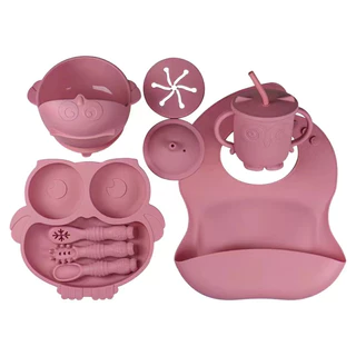 8pçs Conjunto De Prato De Silicone Com Ventosas Para Colher De Bebê/Crianca/Garfo/Talheres Antiderrapante/Alimentação