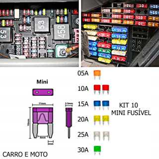Jogo 15 Mini Fusíveis Carro Veículos Peças Lâmina Cartela
