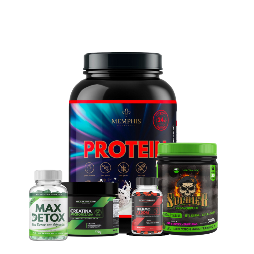 Kit Whey Protein Mix 900g Pote + Pré Treino + Creatina 150g + Termogênico + Max Detox