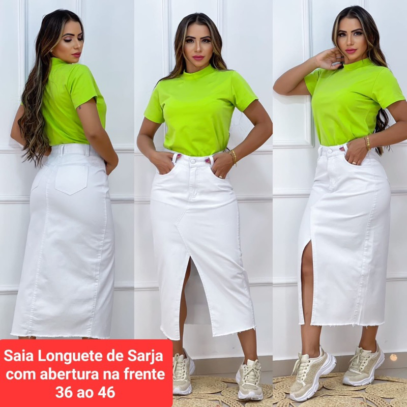 Saia Jeans Midi Com Fenda