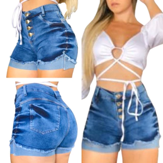 Short Jeans Feminino Cintura Alta-Shorts Barra Dobrada