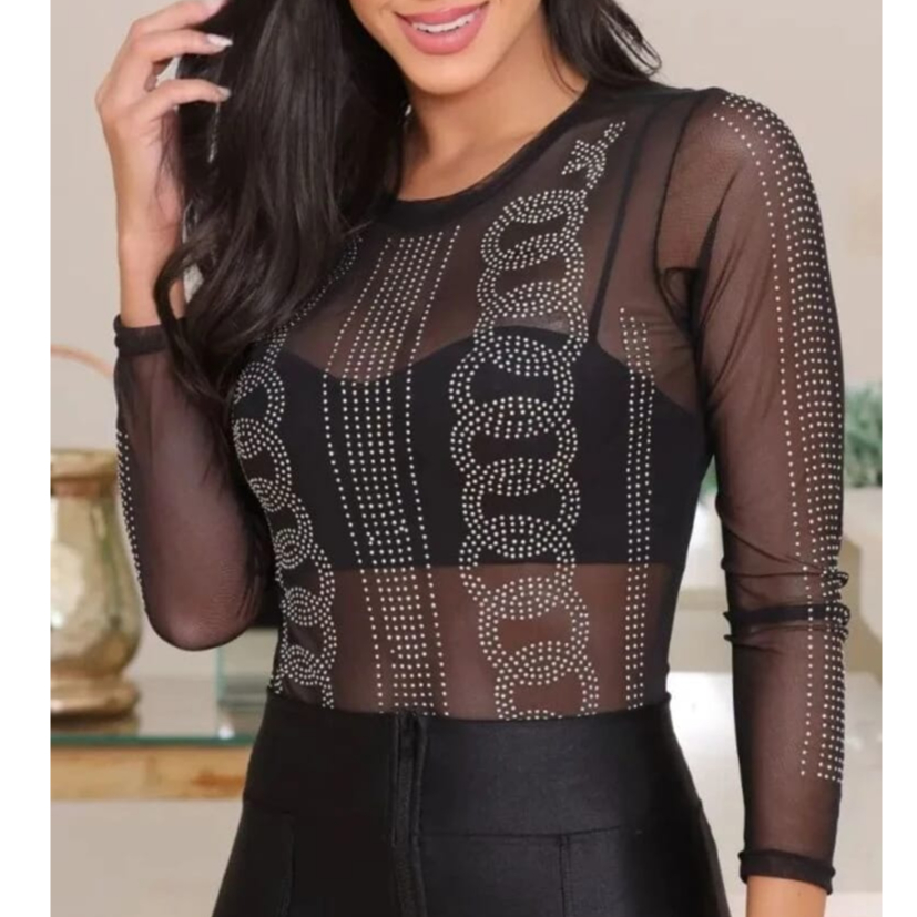 Body Tule Transparente Pedraria Manga Longa Brilho - Body Strass BRILHO ...