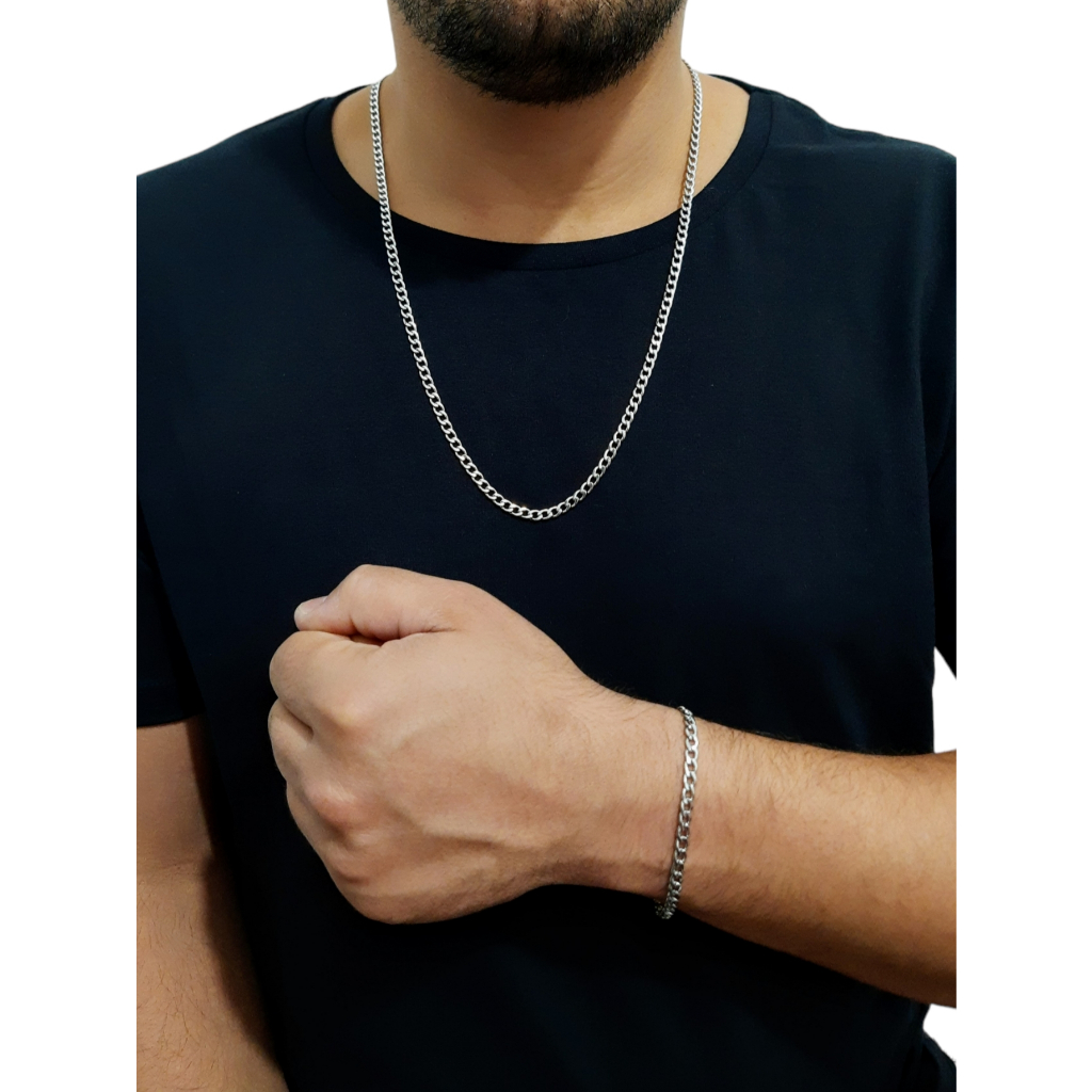 kit Corrente e Pulseira Masculina Grumet Prateado Aço Inoxidável - 70cm ...