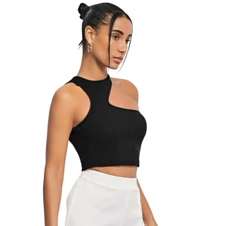 Blusa Cropped Regata Recorte Gola Assimétrica Moda Gringa Canelado Premium