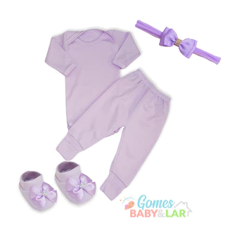 Conjunto Bebê Menina Body com Sapatinho e Faixa de Cabelo Kit 4 peças