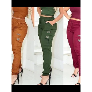 Calça Feminina Jogger Bengaline Cargo Militar Army Bomber