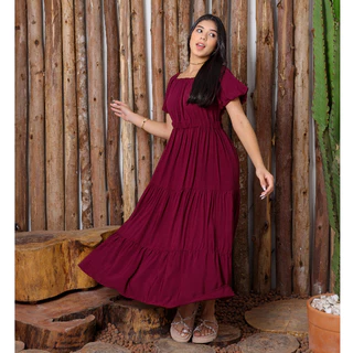 Vestido Longo de Menina Juvenil com Elastico e Manga Ciganinha Tam 10 a 16