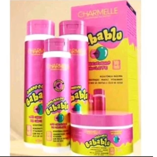 kit Babablu para tratamento capilar, shampoo, condicionador, máscara de reconstrução e leave-in.