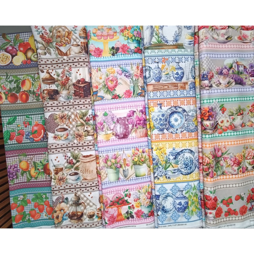 Kit 5 faixas barrados tricoline digital exclusivos 100% algodão / largura 50cm x 75cm