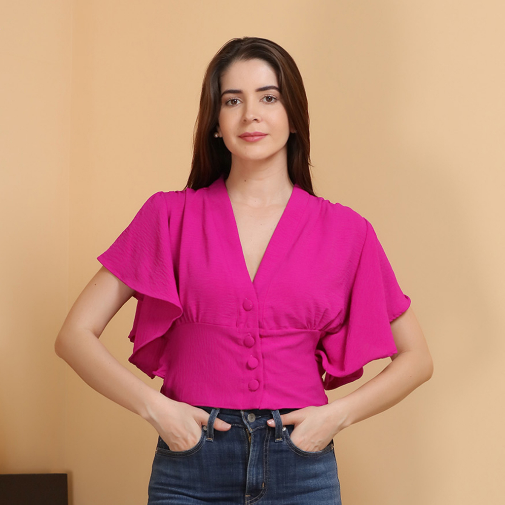 blusa Cropped Manga com Babado e Elástico Embaixo Marina