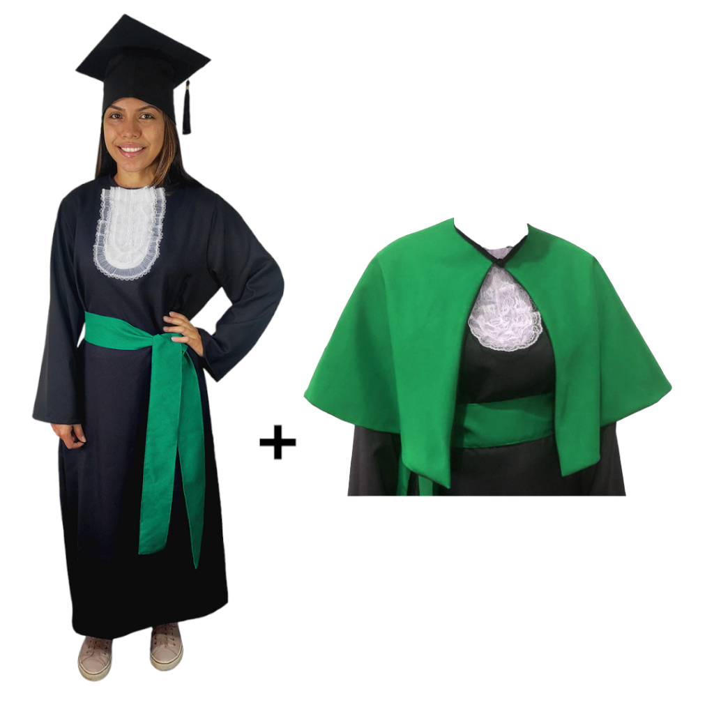 Conjunto Beca Formatura Preto + Capelo + Jabô + Faixa + Capa Ombro ...
