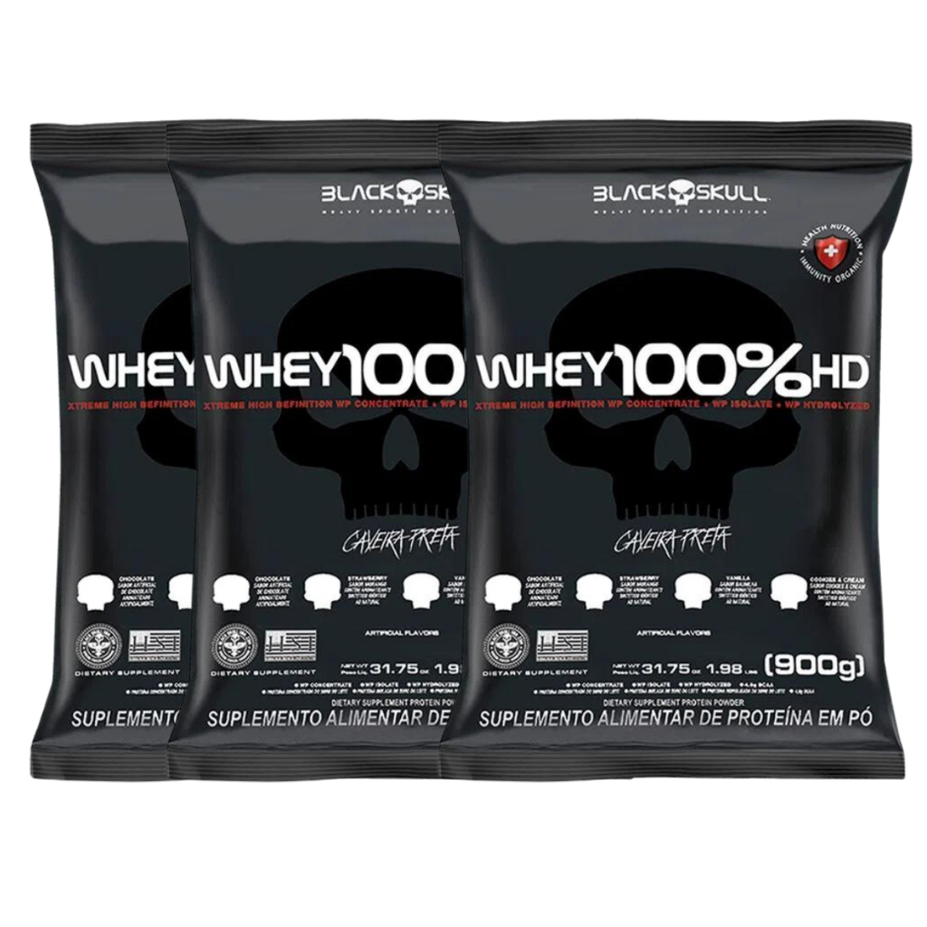 Kit 3x Whey 100% HD Whey Protein 900g Sabores - Black Skull