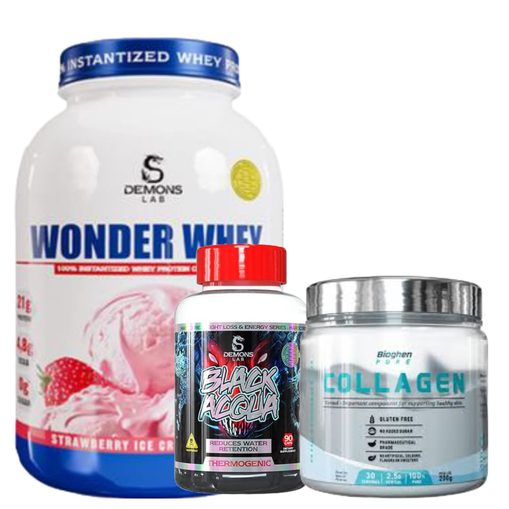 KIT SUPLEMENTO : WHEY PROTEIN 900G DEMONS + TERMOGÊNICO BLACK ACQUA DEMONS + COLÁGENO EM PÓ HIDROLISADO 200G BIOGHEN