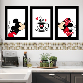 Kit Quadros Decorativos Mosaico 3 Peças Trio Minnie e Mickey CAsal Love Amor Paixão Cozinha Xicara Abstrato Vermelho Minimalista Infantil Modular Vintage Cozinha