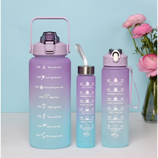 Kit 3 Garrafas De Água Degradê 2Litros e 900ml Frase Motivacional Canudo Academia Treino Esporte Corrida Natação