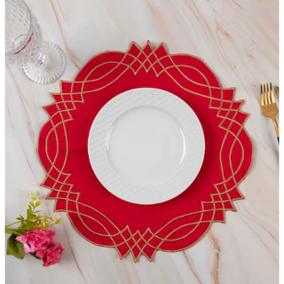 Kit Sousplat Bordado Para 6 Lugares Na Mesa Modelo Flocos Vermelho
