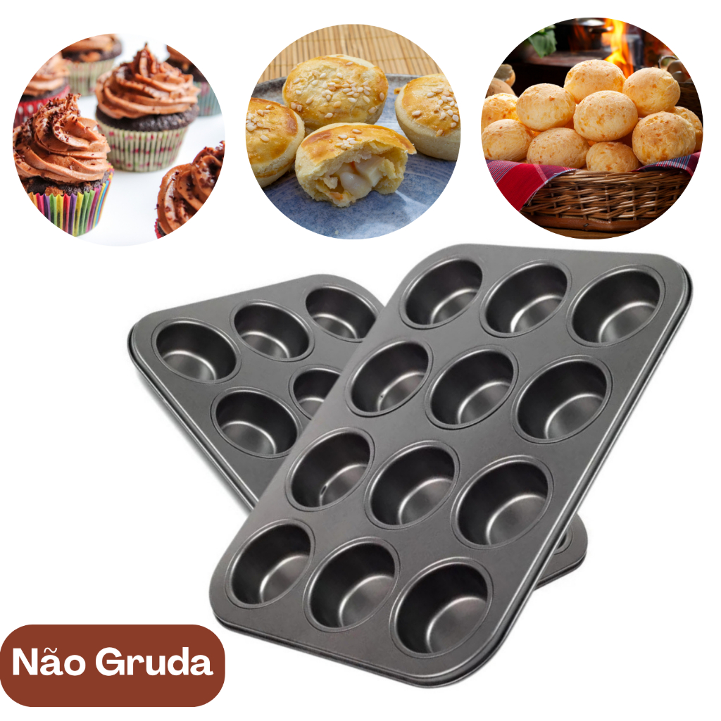 Forma Para Cupcake Bolinhos Pão de Mel E Queijo 12 Cavidades Antiaderente Grande Não Gruda Em Teflon