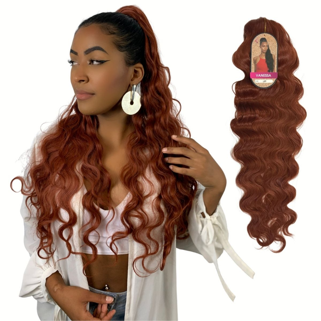 Aplique Rabo de Cavalo Ondulado Cabelo BIo Vegetal Modelo Vanessa Fibra Futura Ser Mulher 70 cm Duplo Pente Fixador e Elástico Regulável