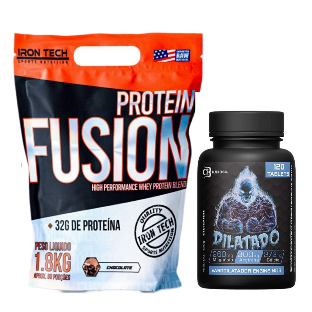 Whey Protein 32g Proteínas Zero Açúcar e Glúten 1,8kg + Dilatado 120 Tabletes – Black