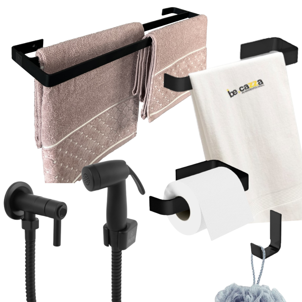 Kit Acessórios Banheiro com Toalheiro Duplo Preto Fosco Super Luxo + Ducha Higiênica