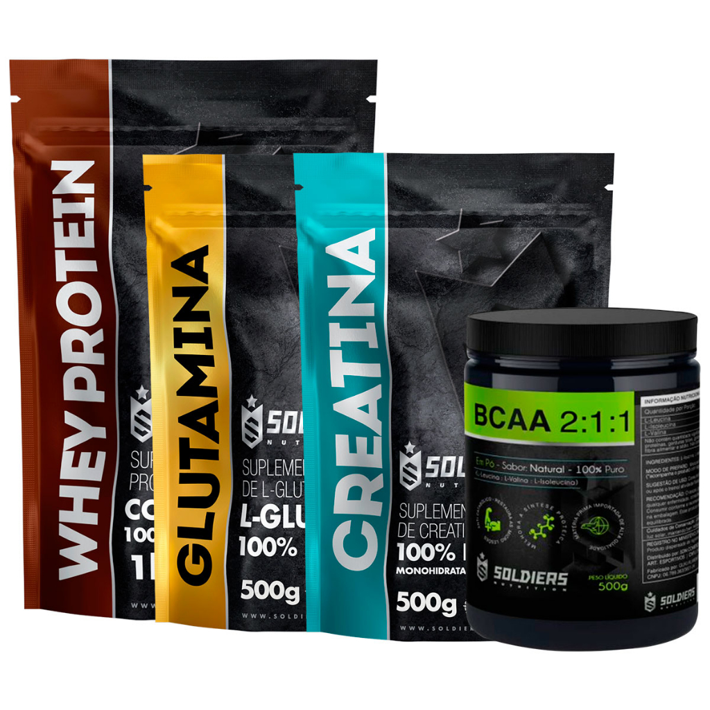 Kit: Whey Protein Concentrado 1Kg + Creatina Monohidratada 500g + Glutamina 500g + BCAA Em Pó 500g – 100% Importado – Soldiers Nutrition