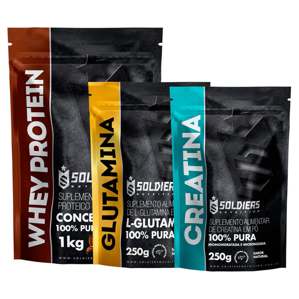 Kit: Whey Concentrado 1kg + Creatina Monohidratada 250g + Glutamina 250g - 100% Importado - Soldiers Nutrition