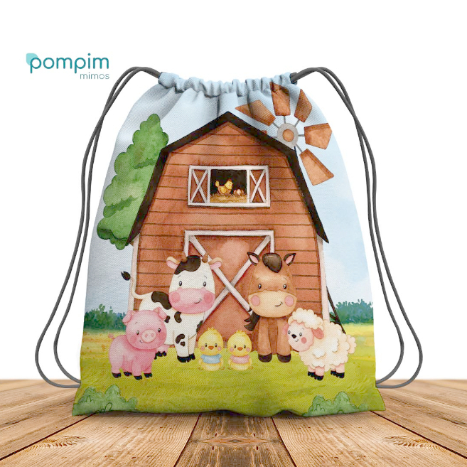 Kit com 5, 10 ou 15 unid. Mochila Saco Fazendinha de tecido. Saquinho Surpresa para festas e aniversários.