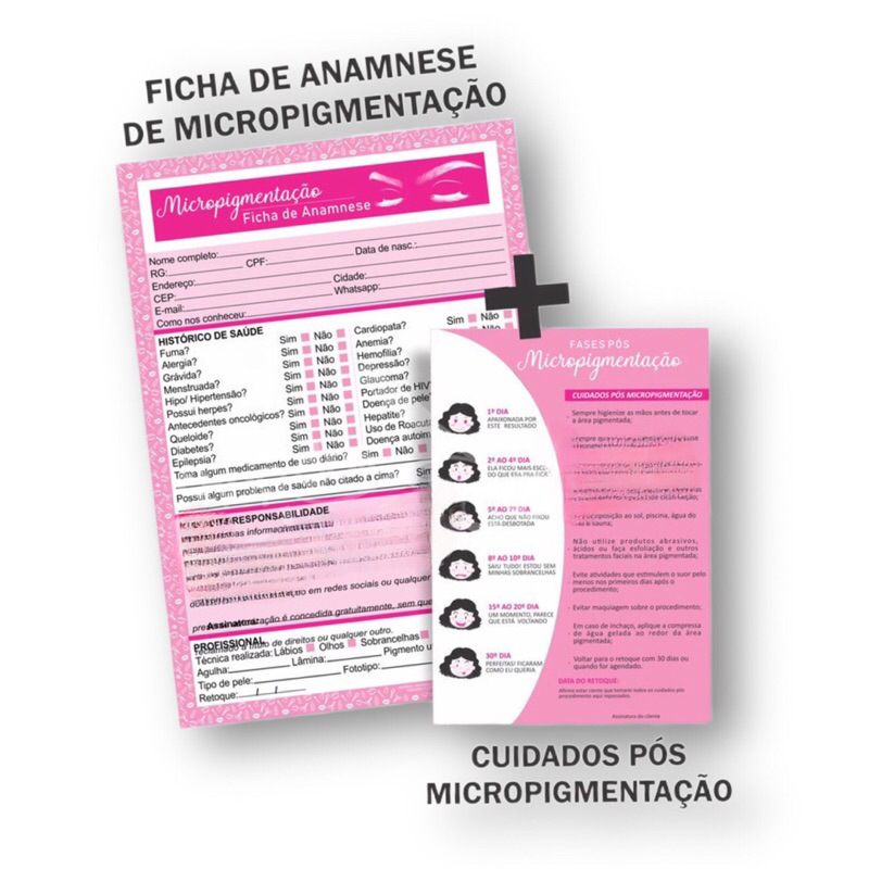 Ficha Anamnese Micropigmentação + Cuidados Cliente - 100 Folhas - ROSA.  Aproveite as melhores ofertas em produtos para Estética , Saúde , Beleza  Clique agora!