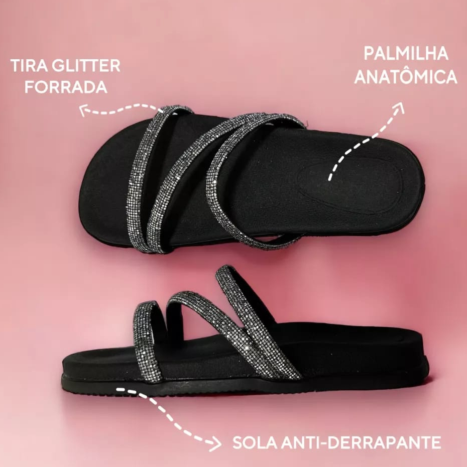 Sandália Papete Glitter Birken Rasteirinha Feminina Brilho Chinelo Confortável