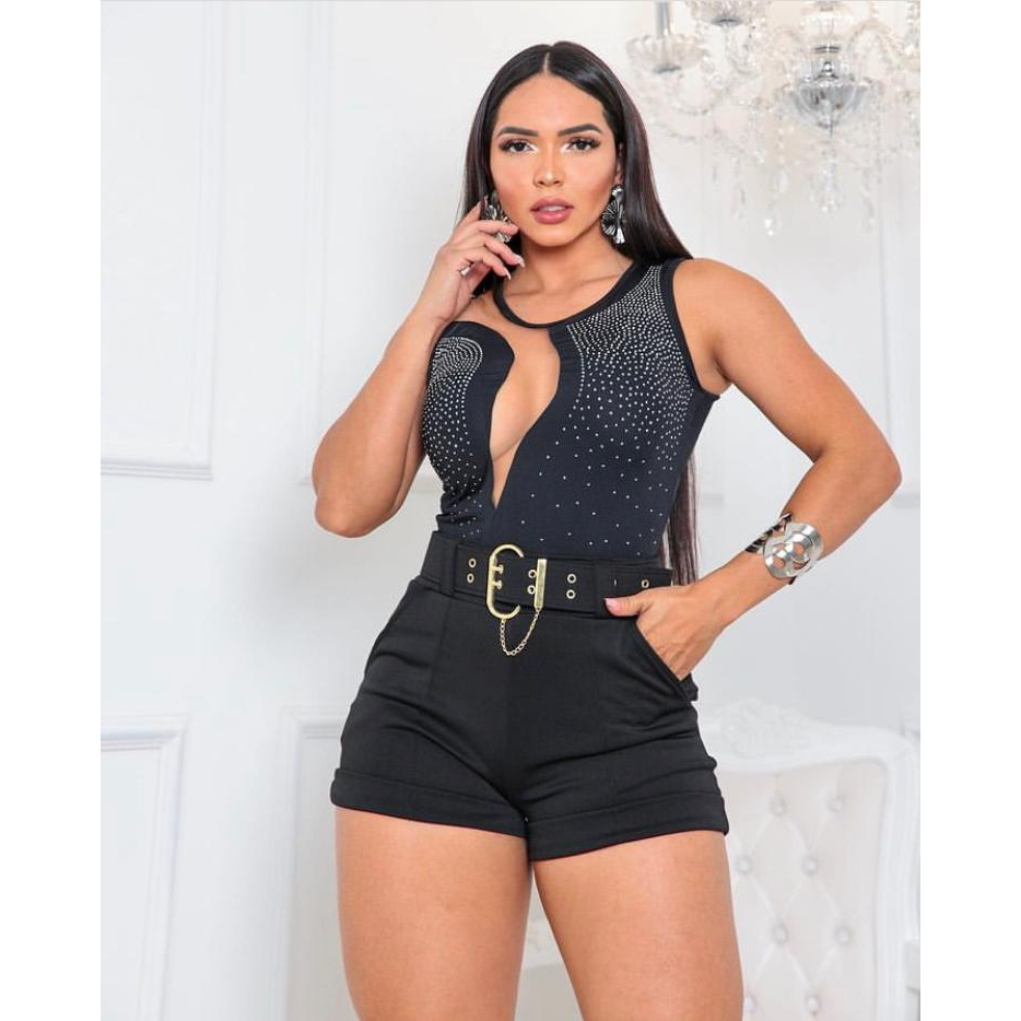 Body Feminino Tule Decote V Com Recortes Preto