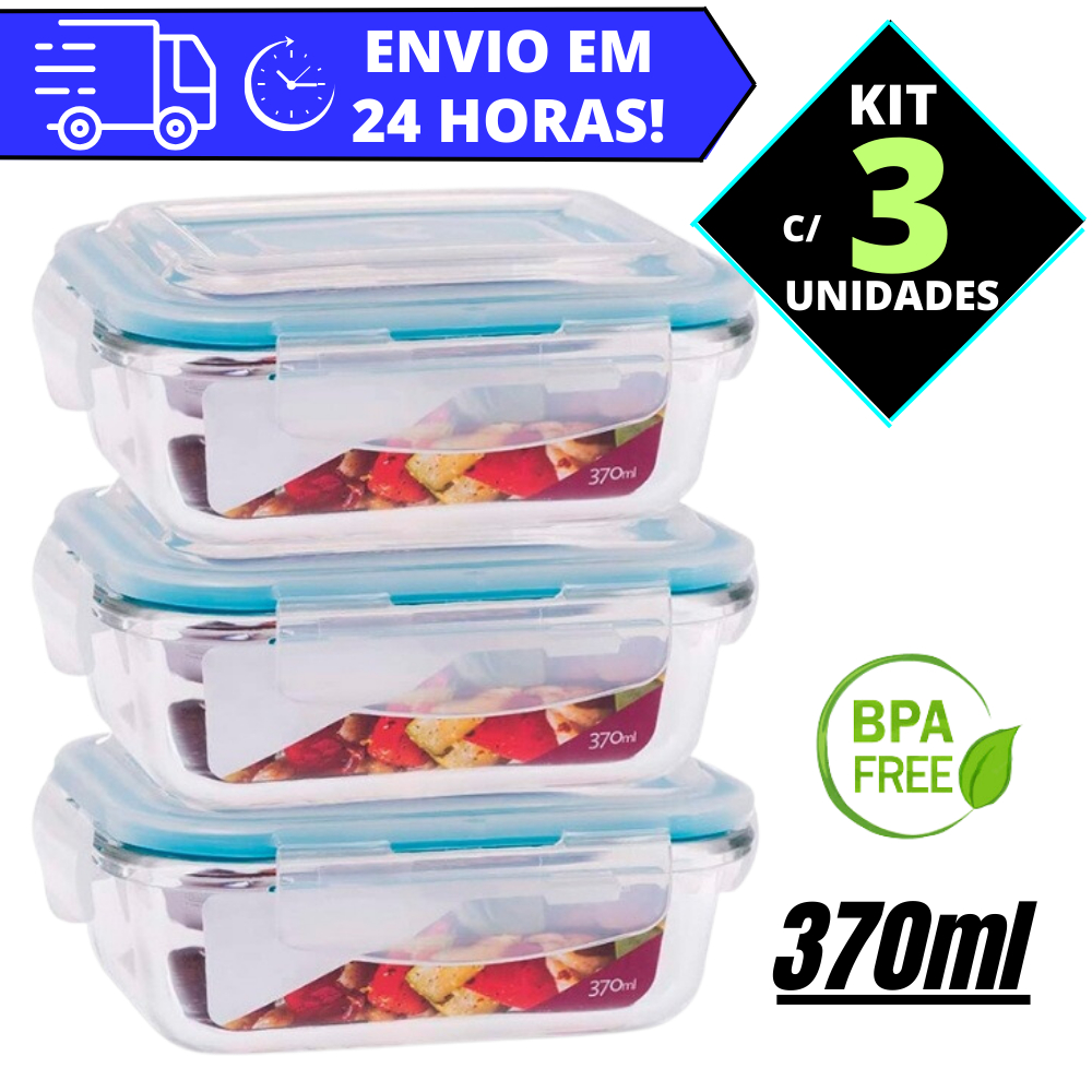 Conjunto Kit 3 Potes Vidro Resistente Hermético Marmita Fitness 375ml