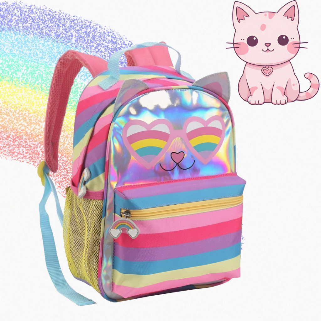 Mochila Feminina Infantil Escolar Menina Gatinha Holográfica Reforçada Pequena e Grande