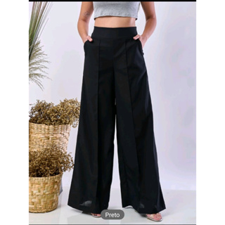 calça feminina pantalona com elastano na parte trasera tecido linho com  forro