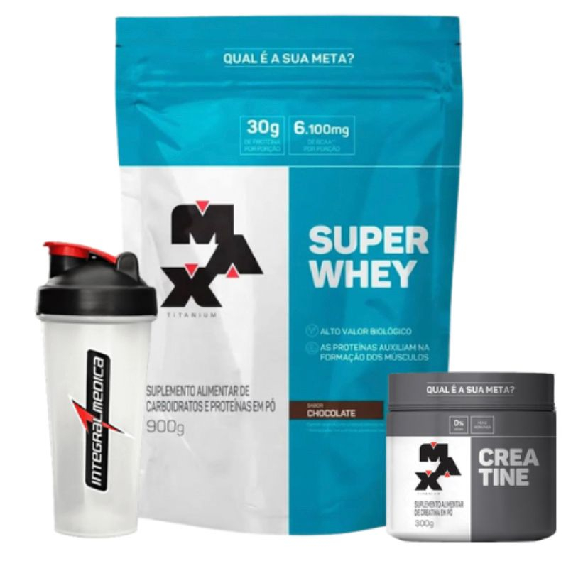 Kit Super Whey 900gr + Creatina 300gr + Coqueteleira .