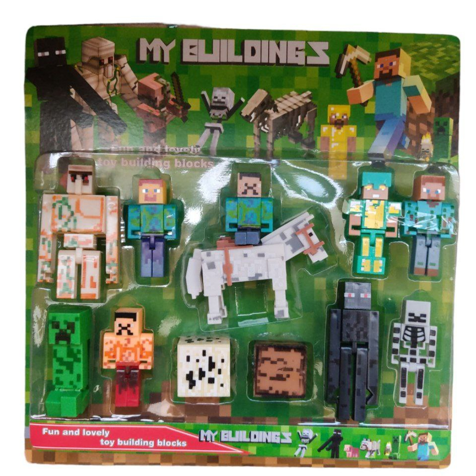 Cartela 10 Boneco Articulado Minecraft My Home - 2 Blocos + Zumbi