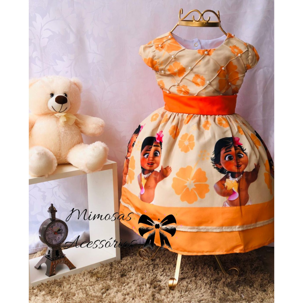 Roupa Moana Baby laranja + colar+ flor do cabelo.