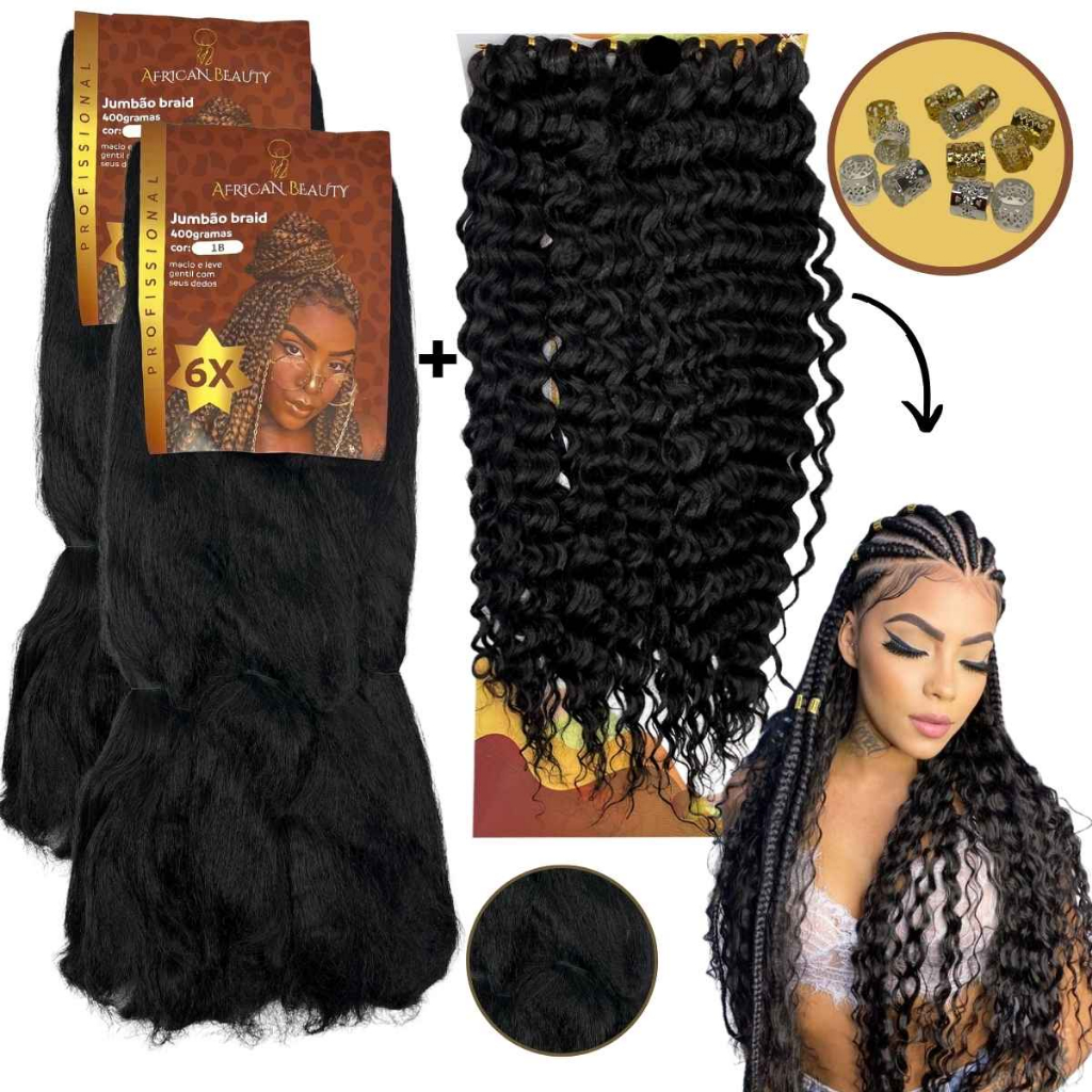 Cabelo Gypsy braids 2 Jumbo jumbão African beauty 400g e 1 Crochet Orgânico  premium 300g + Aneis de trança box braids