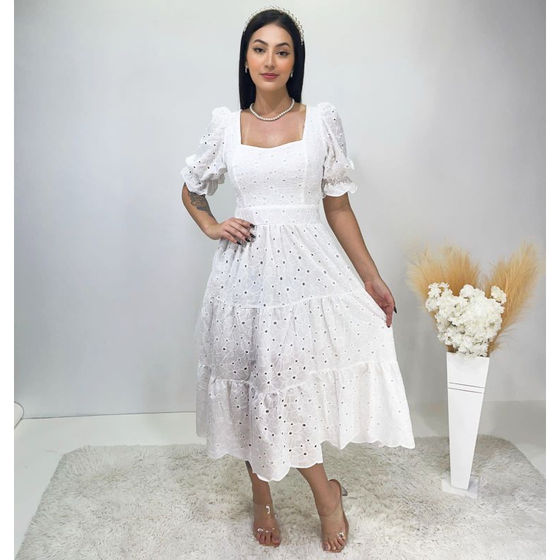 vestido midi lese bordado manga curto | Shopee Brasil