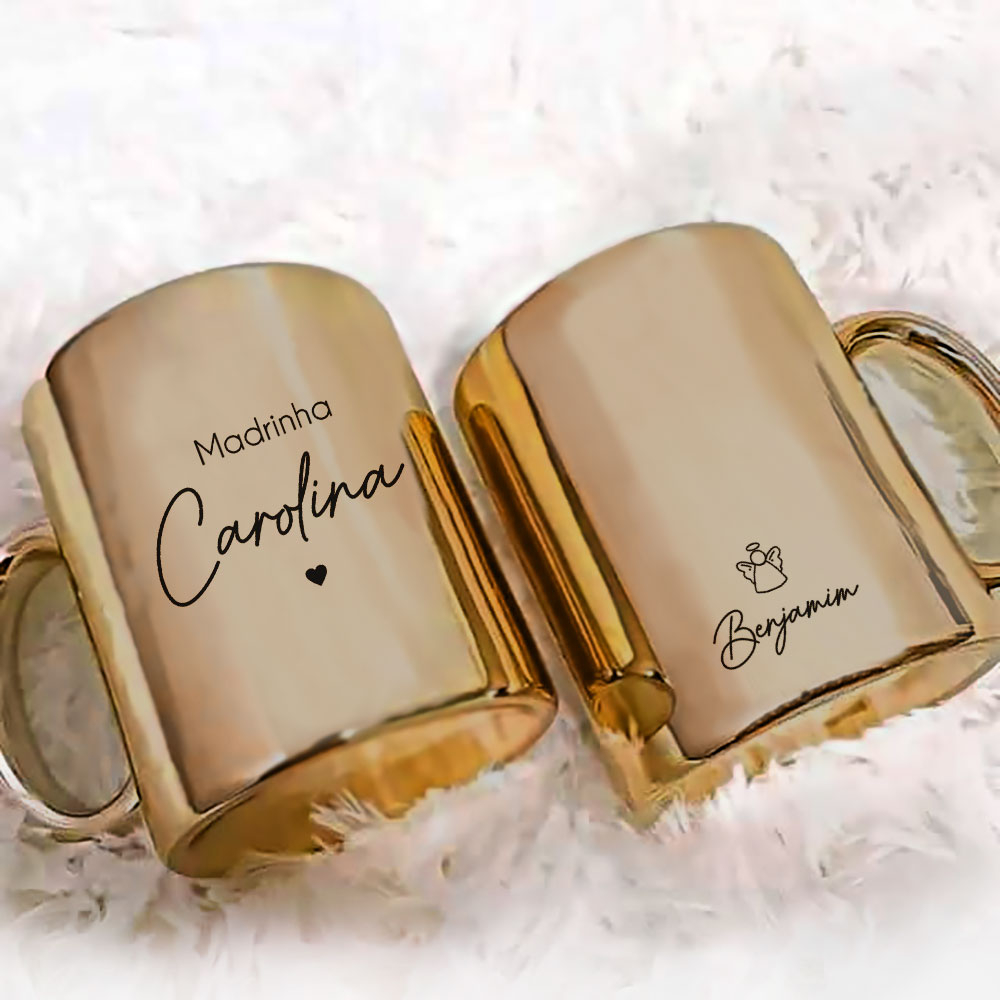 Caneca Metalizada Dourada Personalizada Madrinha Ou Padrinho Batismo com Nome